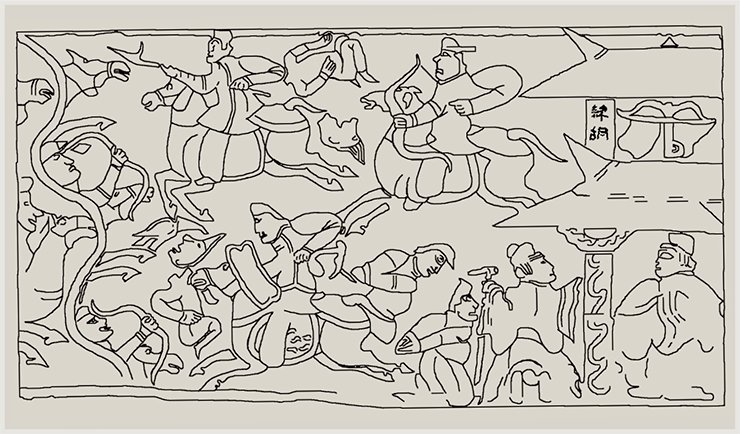 A detailed drawing of the Han relief depicting a battle between the Chinese and Barbarians