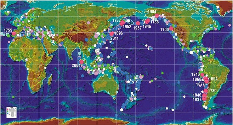 Map of tsunami foci that have arisen in the oceans over the past two millennia