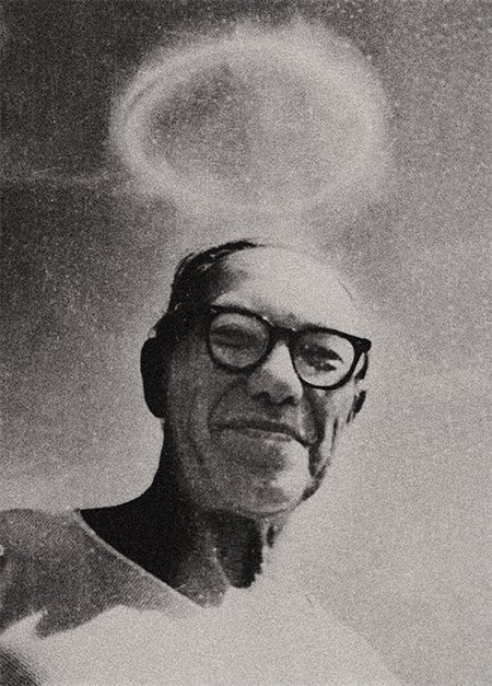 In this photo the object above Lavrentyev’s head is not a halo, but a large vortex ring at a height of over two kilometers, which was formed by the explosion of three tons of gasoline sprayed in the air above the island in the Ob Sea. July 1966