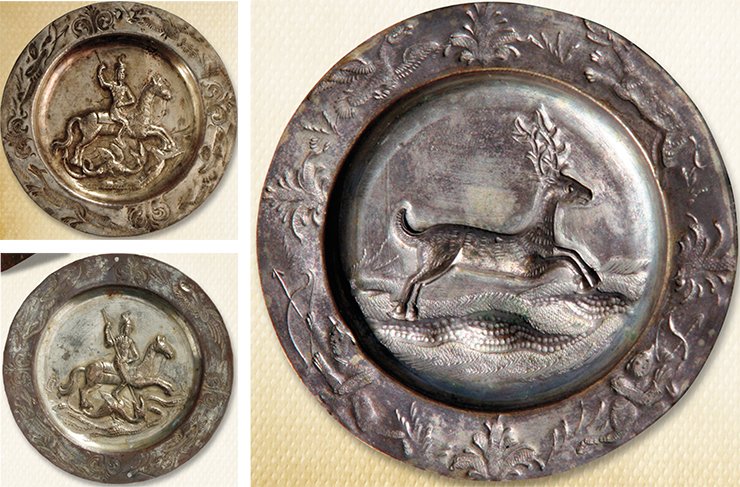 Left: saucers depicting St George. Right: a saucer depicting a deer, two hunters, a dog and a bird. 1830s