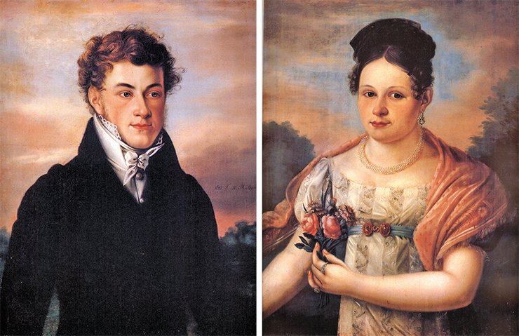 Portraits of V. N. Basnin – a representative of the fourth generation of the largest merchant dynasty of the 18th and 19th cc., a 1st class merchant, honorary citizen by birth, and the city mayor – and his wife Ye. O. Basnina. By M. A.Vasiliev, 1821, State Historical Museum (Moscow) 