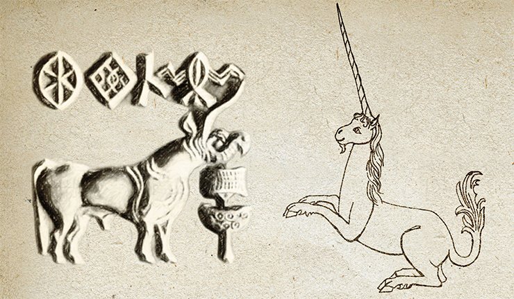 Left: indian unicorn. An imprint of a seal from the Indus valley. 3rd millennium BC. On right: unicorn from The Lady and the Unicorn tapestry. 15th c. Musée Cluny, Paris. Drawing