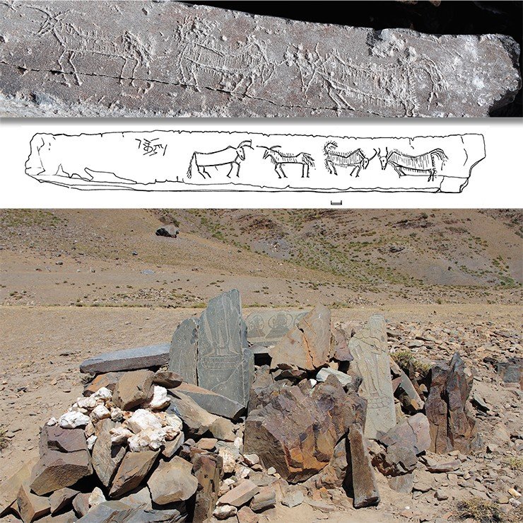 Abandoned and destroyed sanctuary. The village of Manda. Zanskar. Above: a fragment of the yak images cut in on the stone plate; below: a drawing of the images on the plate. Drawing by E. Shumakova