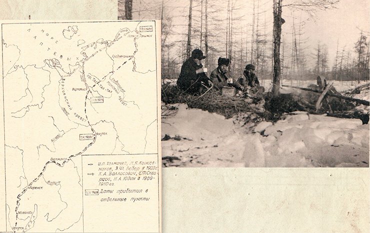 Left: routes of the parties of I. P. Tolmachoff and K. L. Vollosovich’s Lena-Chukotka expedition (from Irkutsk to the Kolyma estuary). From: Danilin Ye. L. To unbeknown lands. Krasnoyarsk, 1998. On right: along the Kolyma tract. A stopover (Sedov, Tolmachoff, a Yakut coachman). Photo by G. Sedov. From: (Tolmachoff, 1911)