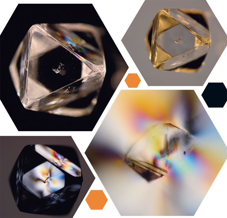 Кристалл алмаза, захваченный во время роста другим, более крупным алмазным индивидом. Фотографии в обычном, проходящем и поляризованном свете