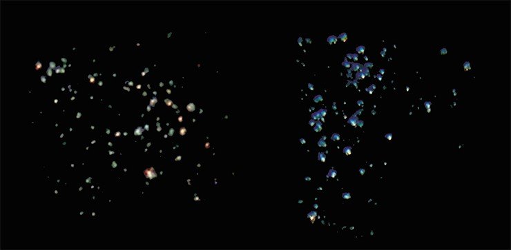 Так светится поверхность катода из массива ориентированных углеродных нанотрубок, декорированных квантовыми точками – наночастицами CdS: без примесей (слева) и допированного CuS (справа). Различие в яркости свечения может быть связано с неодинаковой высотой нанотрубок 