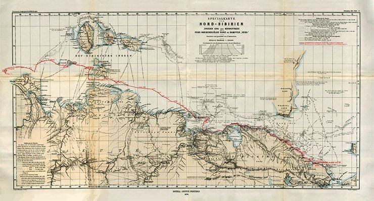 Map of Northern Siberia. The red line between the Lena River and the Bering Strait marks the route of the Vega expedition by Nils Adolf Erik Nordenskiöld. Bearb. und geseichnet B. Hassenstein. – 1: 3 000 000. – Gotha: J. Perthes, 1879. (Tafel 17). Library of the Russian Academy of Sciences, St. Petersburg