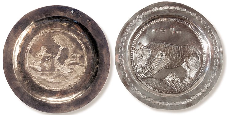 A saucer depicting a deer-hunting scene (left). Tobolsk, 1797. Silver, 12.4 cm in diameter. Hallmarks: the coat of arms of Tobolsk; “1797 / M•...” (the second letter removed), the assay’s mark by M. Bogdanov; П•Б (cyr.) (two). Museum in the village of Saranpul. A saucer depicting a bear. Tobolsk, 1820. Silver, 10.4 cm in diameter. Hallmarks: the coat of arms of Tobolsk; “... M / 1820,” the assay’s mark by M. Bogdanov; P•B (cyr.); 84 silver mark. Museum of the Institute of Archaeology and Ethnography SB RAS (Novosibirsk)