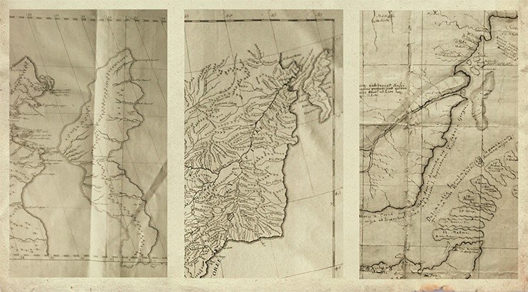 Очертания и расположение о. Сахалин на «Карте отдельных провинций Монголии и Китая...» (слева), на карте из атласа д’Анвиля (в центре) и на «Карте Камчатки Кириллова» (справа) совпадают, что говорит о существовании единого прототипа