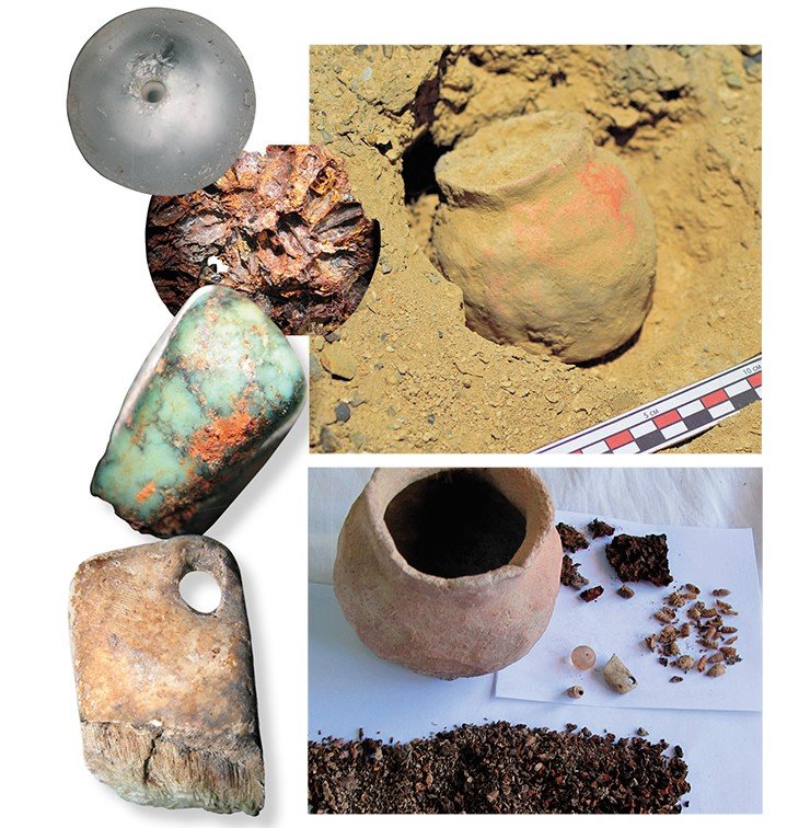 The little vessel discovered near the stone with an image of Tara, in situ. Below: the vessel and its contents: a bead of rock crystal, turquoise insert, metal plate (decoration), and bone suspension. Photo by L. Kundo