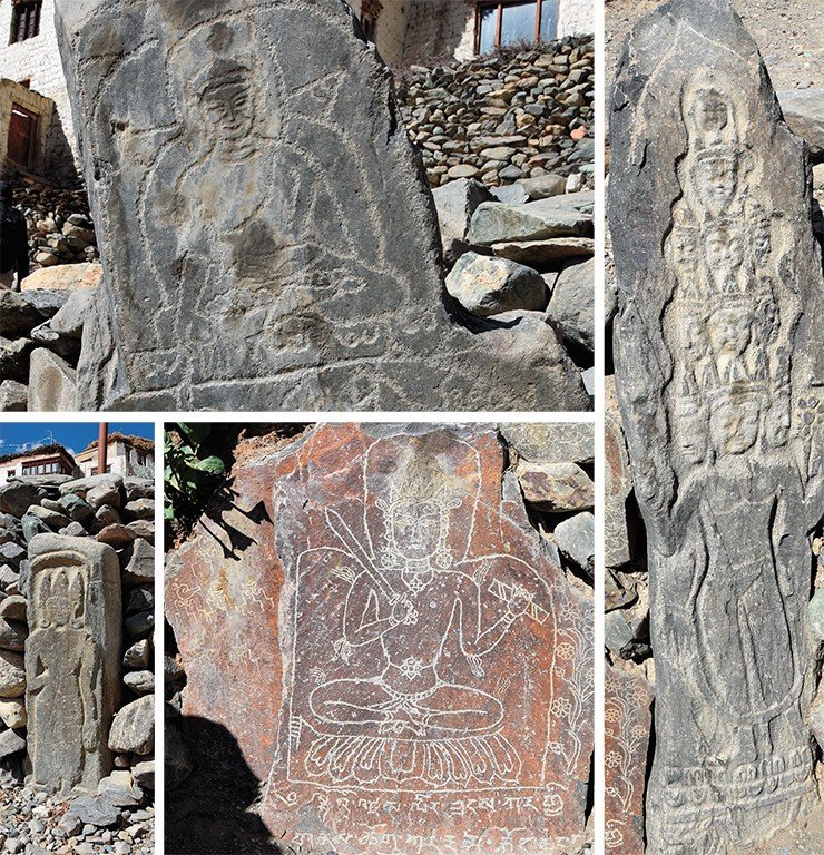 Плиты с изображениями буддийских божеств: божество в короне, Манжушри с мечом и книгой. Будда (слева вверху) и одиннадцатиголовый Авалокитешвара (справа). Деревня Кончет. Занскар