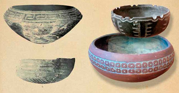 Below: Valdivia pottery, early period. Photo by the courtesy of A. Popov. Left: Jomon pottery. The jar shapes are characteristic of Valdivia culture. B. J. Meggers, C. Evans, and E. Estrada, Early Formative Period of Coastal Ecuador: The Valdivia and Machalilla Phases, Washington: Smithsonian Institution, 1965