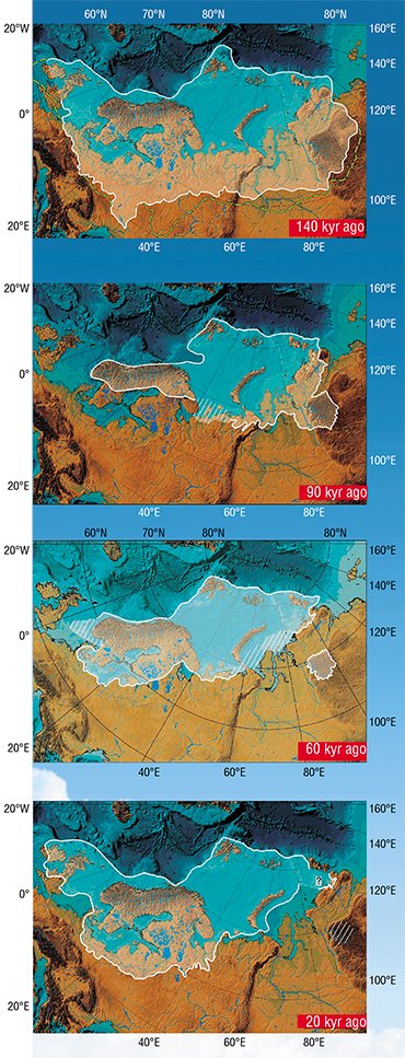 Fluctuations in the volume of ice in the last 140,000 years can be exemplified by the well-studied Kara-Scandinavian (Eurasian) Glacier, which periodically melted and grew very unevenly. Adapted from (Svendsen et al., 2004)