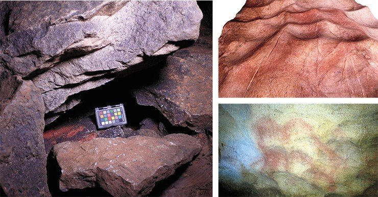 В Каповой пещере выявлено немало тайников с готовым красным пигментом-краской (слева). Такие «клады» обнаружены преимущественно между камнями, громоздящимися на полу в зале Хаоса, – результатом обвала свода пещеры. А. Пахунов © ИА РАН. Красочное изображение мамонта выполнено с использованием природного рельефа (внизу). Фотограмметрическая модель участка вертикальной стены с этим изображением (вверху). Е. Дэвлет, А. Пахунов © ИА РАН
