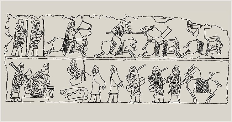The paintings of the Han and Barbarian wars. The Barbarians are always conquered. A detailed drawing from the Han bas-relief