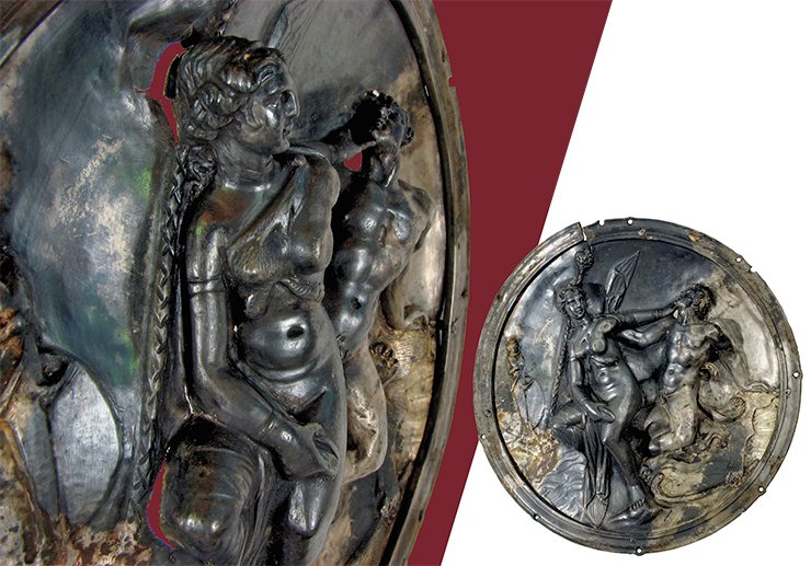 The image of a woman on the plate from the Xiongnu mound bears an evident resemblance to the statue of Venus de Milo and the head of Aphrodite from Pergamum, outstanding Hellenistic monuments of Greek art (2nd century B.C.). Probably these images reflect the ideal female image of a new era