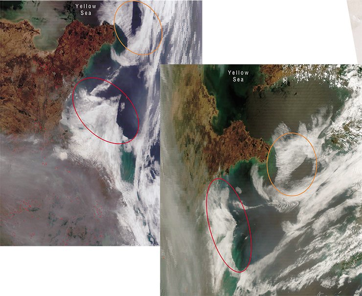 The launch of short-range nuclear missiles from the western shore of Korean Peninsula caused an activation of the sea bottom faults, which were reflected on the cloud masses as anomalously linear edges (above). To the right – though the atmospheric clouds have changed their position, the existing anomalies remain. The photos taken from satellites Terra and Aqua (NASA/GSFC, Rapid Response) on May, 29, 2007