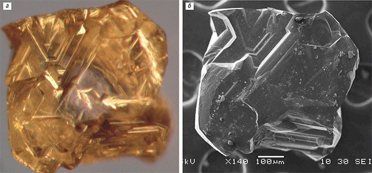 Так выглядит основание октаэдрического кристалла алмаза из кимберлитовой трубки «Манчары»: а – в проходящем свете; б – в обратно-рассеянных лучах. Электронная микроскопия