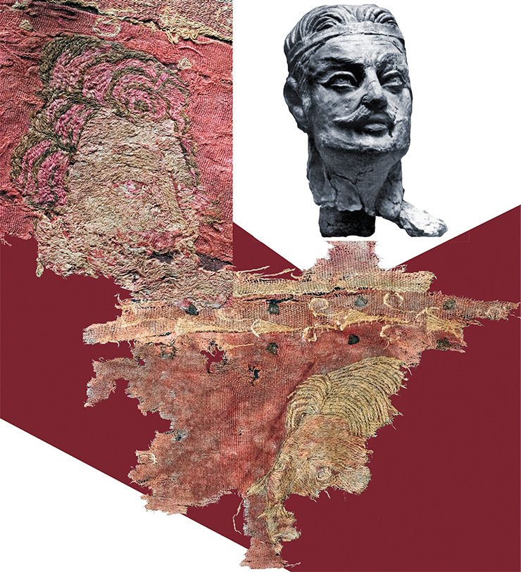 There are only two fragments of the carpet on which outlines of male faces can be distinguished. The first shows the face of a man with voluminous red curls (similar to the images on the coins minted by Parthian kings), a straight nose, big eyes and a high forehead (on the left). It reminds of the depiction on a painting fragment of the Old Nice Tower (Pilipko, 2010) and the male face on the mural painting in Kukh-i-Khvadzha (Schlumberger, 1970). The second fragment displays a different facial type: straight fair hair is parted in the middle, almost up to the top; a retreating forehead; long fair eyebrows and a mustache (below). This face resembles, to a certain degree, the face of the clay sculpture from the Khalchayan palace (above, right), depicting a man from the Geraichi kings’ family, presumed to be founders of the Kushan empire (Pugachenkova, 1979)