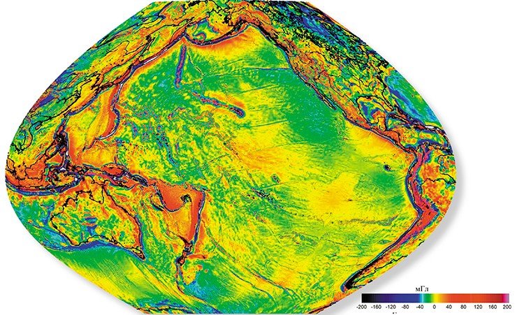 Рис. 1. Гравитационная карта Тихоокеанского сегмента Земли, подготовленная А. Н. Василевским на основании международной спутниковой базы данных ДТИ-13