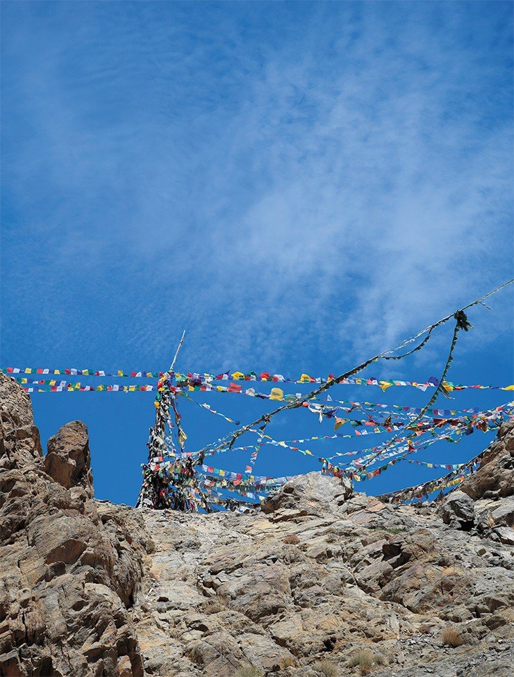 Flags with prayers in the sky of Zanskar