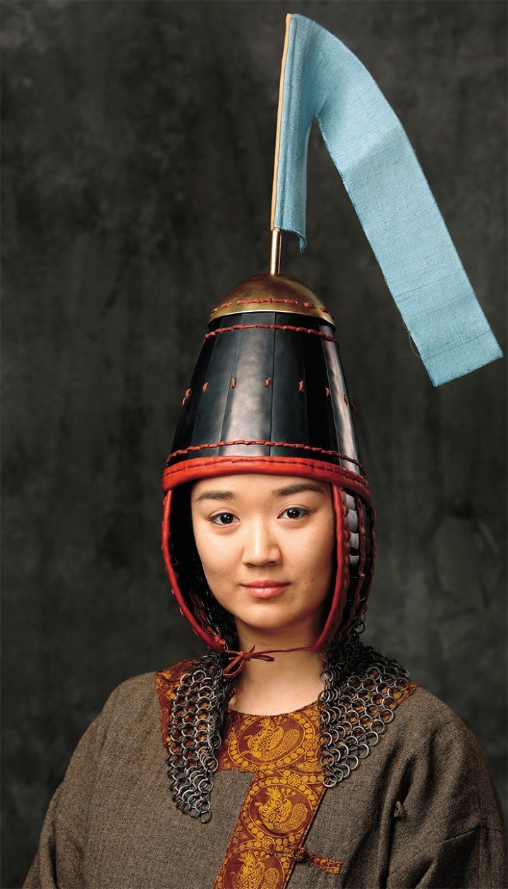 Scholarly historical reconstruction of the helmet of a 3rd–5th century Kenkol warrior, based on the images of warriors in the frescoes of East Turkestan and the finds of helmet details with a similar structure in adjacent areas. Photo by A. Bolzhurov