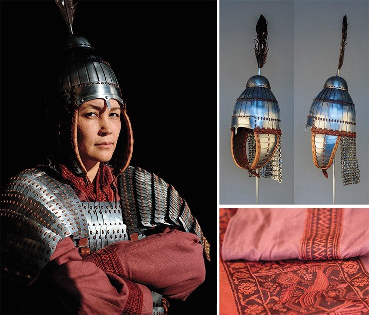 Scholarly historical reconstruction of the helmet and armor of an Avar (Rouran) warrior of the 6th to early 7th century, based on an accidental find of an intact helmet in the Khomutovka district (Kursk region, Russia). Reconstruction of Mongolian-time clothing (around the 13th century), based on graphic historical sources. Photo by S. Borisenko