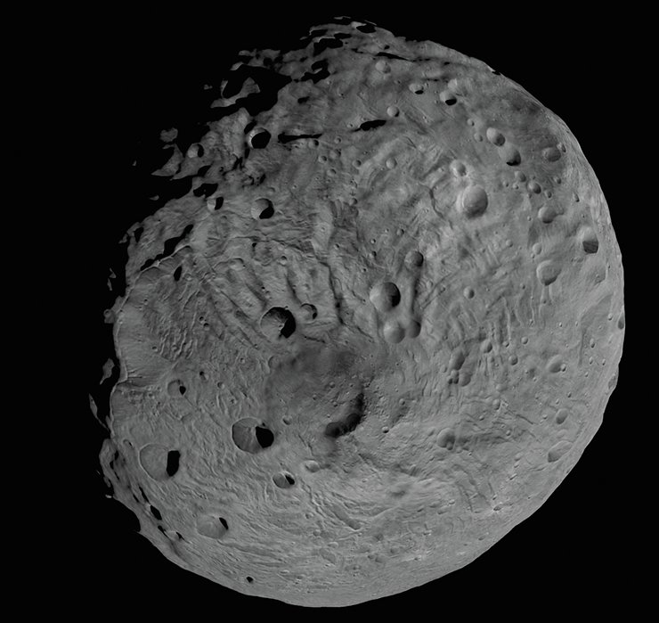Image of Diona (563×561×560 km), one of the large innermost moons of Saturn. Image from Cassini–Huygens spacecraft (ESA–NASA), 2006. Credit: NASA/JPL/Space Science Institute
