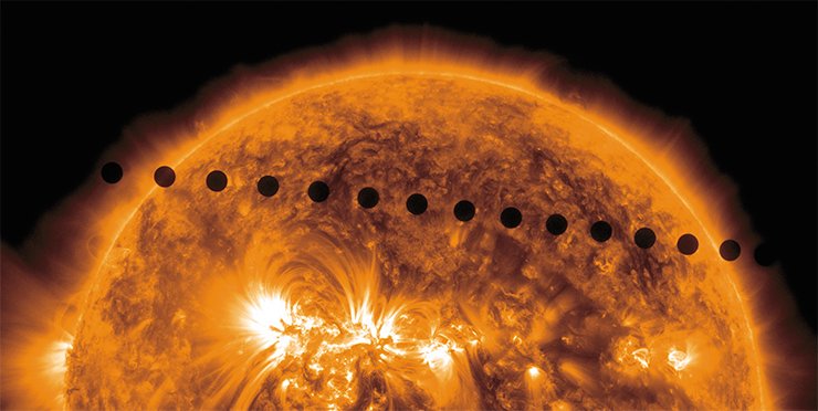 When Venus is exactly between the Sun and the Earth, one can observe a transit of Venus, a rare astronomical phenomenon resembling, in some way, a solar eclipse: Venus passes across the solar disk as a small black spot. Credit: NASA
