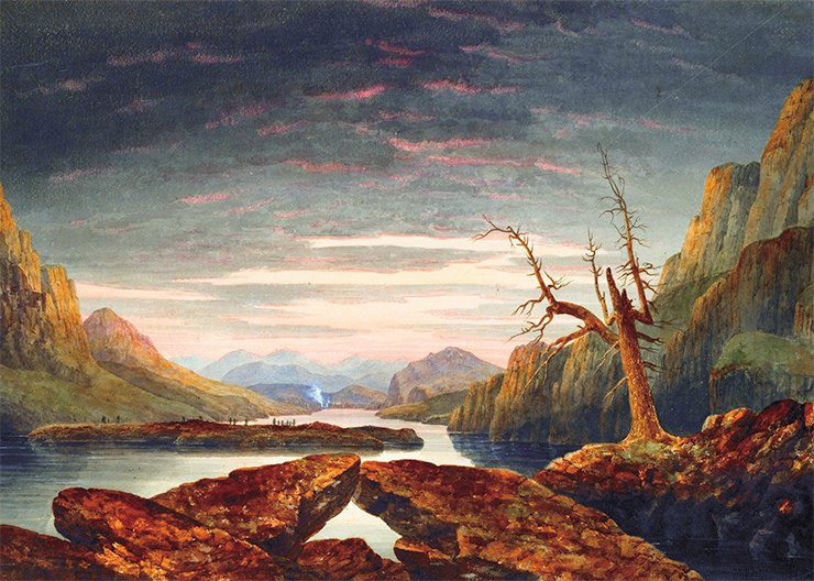 Lake Khar in the valley of the Jom-Bolok River, Sayan Mts., Mongolia T. W. Atkinson, 1852. Watercolor, paper, 40 × 58 cm. Courtesy of Sphinx Fine Art, London