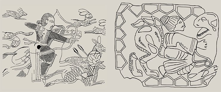 Left: a detailed drawing on the ebony plate from Takhti Sangin, an ancient settlement located in Southern Tajikistan. B. A. Litvinskiy supposes that the images reflect the actual life of the hunters who belonged to the Bactrian aristocracy. They appeared under the influence of Sassanid iconography and date back from the 3rd c. A. D. (Litvinskiy, 2010). The other opinions about the dating of these articles also exist. For example, G. A. Pugachenkova gives evidence suggesting that they date from within two or three decades before or after the beginning of A.D. (Pugachenkova, 1989). It seems that the discovered horseman embroidered on silk can serve as a proof of the suggested hypothesis; this find is from the reliably dated Noin Ula burial mound 20. (Chistyakova, 2009; Minyaev et al., 2010). On right: A detailed drawing of a metal plate from Kochkovatka (an accidental find). It shows a Mongoloid man and a feline predator . The animal’s head is turned in the direction of the man. The man is dressed in a belted shirt, with the sleeves widening towards the bottom. The man’s hair is combed back and gathered in a bun at the back. His haircut can be compared to the Buddhist portraits of Gandhara. The image is dated to 1st c. B. C.—1st c. A. D. (Mordvintseva, 2003)