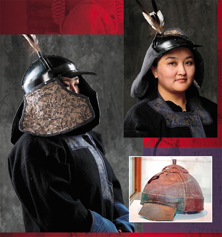 Scholarly historical reconstruction of the helmet of a 15th–16th century Tien-Shan Kyrgyz warrior, based on an accidental find of a helmet dome in Kyrgyzstan. Photo by A. Bolzhurov. Helmet of a Kyrgyz warrior (bottom right), found in the Ak-Kel area, near the village of Ichke-Suu (Kant district, Chui region, Kyrgyzstan). State Historical Museum of the Kyrgyz Republic (Bishkek). Photo by the author