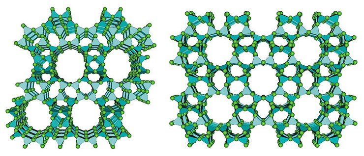 Структура цеолитов – каркасная: ионы кислорода, алюминия и кремния формируют пространственную сетку с достаточно большими для микроскопических масштабов каналами и порами. Слева – цеолит структуры Beta с каналами диаметром 1,2 нм; справа – структуры MEL с каналами диаметром 0,55 нм