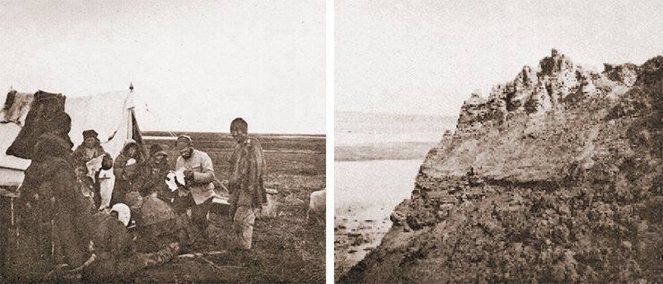 M. Ya. Kozhevnikov trading with the Chukchi (left). Post-Pliocene sands on the ocean shore, to the west of the Bolshaya River (right). Photo by I. Tolmachoff. From: (Tolmachoff, 1911)
