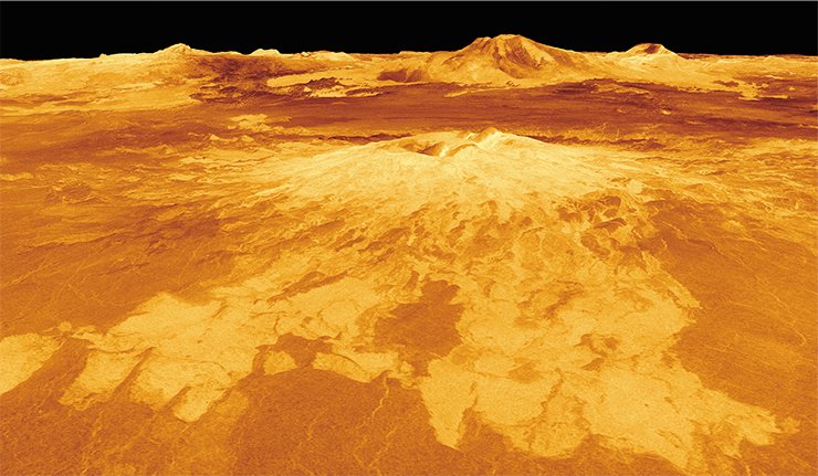 The mountain Sapas Mons with a double summit is one of the most spectacular volcanoes on Venus with a base about 400 km in diameter. The mountain is crowned by two craters, and its slopes are covered with intertwining frozen lava flows, some of which may have formed earlier than the summits. Credit: NASA/JPL