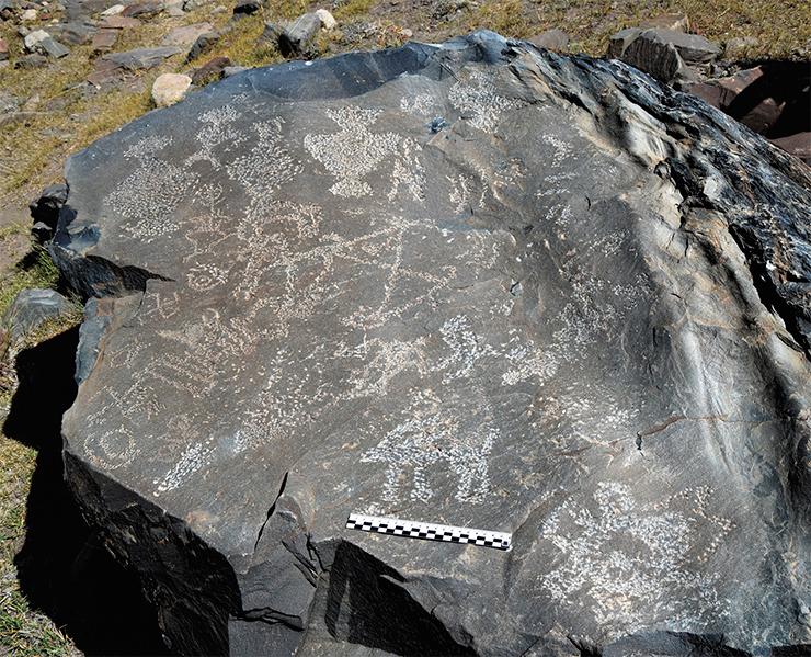Akshow petroglyphs. This stone bears an imprint of an entire set of five precious vessels in different sizes, one of which contains a flower intended to enhance its beneficial effect. Near the vessels there are images of right and left swastikas, stupas, solar symbols, and ibexes in all possible embodiments. Zanskar, 2019