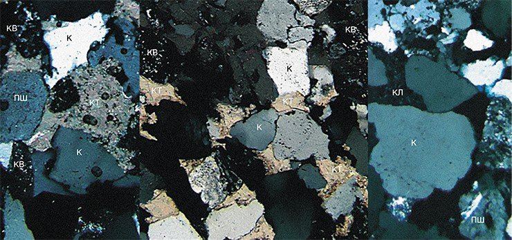 Так выглядит обычный песчаник через специальный световой фильтр при увеличении под микроскопом в 200 раз. Видны зерна различных минералов (кварц – К, полевой шпат – ПШ) и обломки пород (кварцит – КВ) характерных оттенков и формы, скрепленные цементом (кальцит – КТ, каолинит – КЛ)