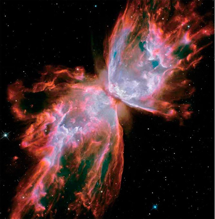 Размах «крыльев» планетарной туманности «Бабочка» (по новому каталогу – NGC 6302) в созвездии Скорпиона охватывает более 3 световых лет; от Земли же ее отделяет около 4 тыс. световых лет. Гибнущая центральная звезда этой необычной туманности очень сильно раскалилась (температура ее поверхности оценена в 250 000 °С) и ярко светит в ультрафиолетовом диапазоне. Но от нас она скрыта пылевым кольцом, рассекающим яркую полосу ионизованного газа. Снимок с космического телескопа «Хаббл», 2009 г. Credit: NASA / ESA / Hubble