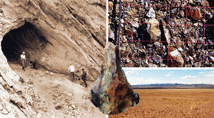 Left: the Tsagan-Agui cave in Gobi Altai is among the few well-dated Mongolian archaeological monuments; it contains the remains of the cultures of all Paleolithic stages and of later epochs. For 300,000 years, the unique Flint Valley in the desolate Gobi Desert served as a workshop for ancient stone craftsmen. There, at the outcrop of large siliceous breccias, there is a true “store field” of stone tools, over 20 square meters in area, where tens and hundreds of millions of tools are found – up to 600 per square meter!