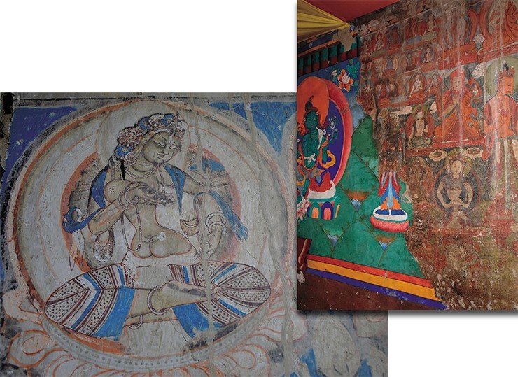 Right: new and ancient paintings on the wall of the prayer hall in the Karsh Monastery. Below: Goddess with offerings, a fragment of the paintings in a chorten in Zangla (formerly a small principality in Zanskar)