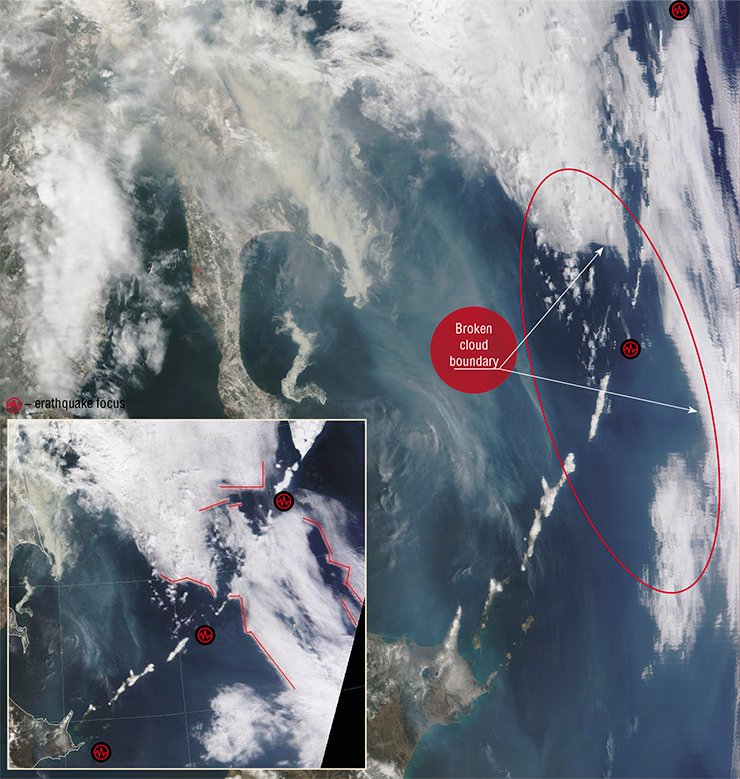 The formation of clear-cut angular cloud boundaries in the northern part of the Kuril Islands preceded the earthquakes that occurred throughout the island range (on May 2, there was an earthquake on the Kuril Islands, on May 3, near the island of Hokkaido). The photo taken from satellite Terra (NASA/GSFC, Rapid Response) on April 30, 2009