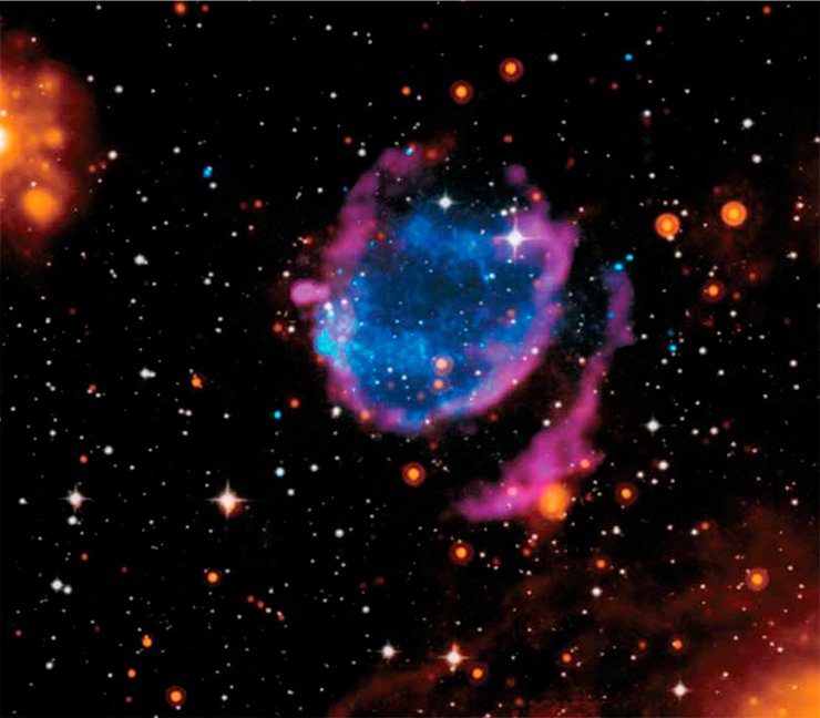 The shape of the remnants of supernova G352.7-0.1 is critically dependent on the range of electromag-netic wavelengths at which the image is taken. The photograph is a collage showing the neighborhoods of this former star: blue corresponds to X-rays; purple to radio wavelengths; orange to infrared; and white to visible (optical) wavelengths. Image credit: X-ray: NASA/CXC/Morehead State Univ/T.Pannuti et al.; Optical: DSS; Infrared: NASA/JPL-Caltech; Radio: NRAO/VLA/Argentinian Institute of Radioastrono-my/G.Dubner http://www.nasa.gov/mission_pages/chandra/multimedia/supernova-cleanup.html
