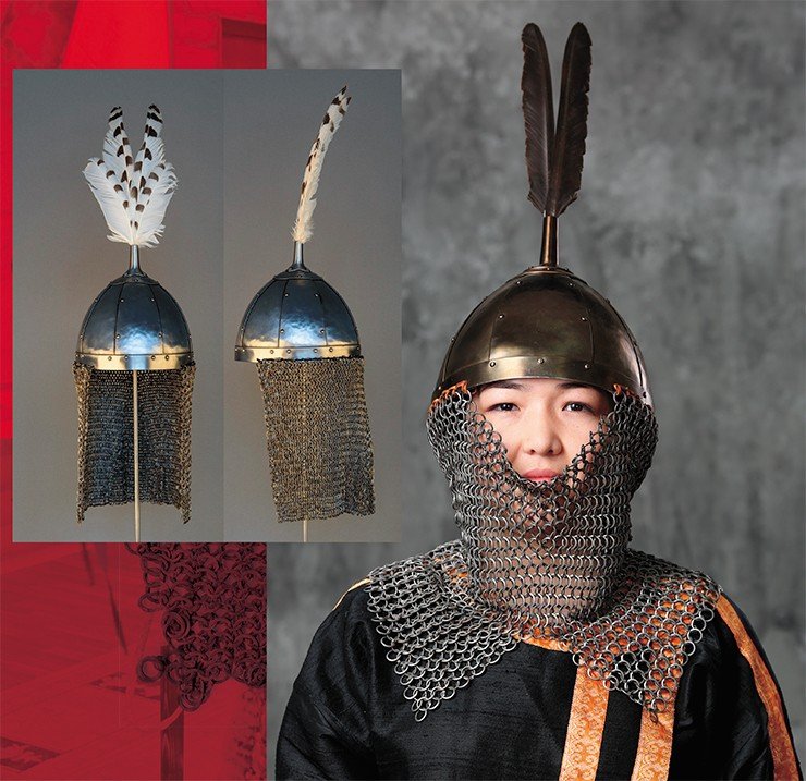Scholarly historical reconstruction of the helmet of a 12th–14th century Yenisei Kyrgyz warrior, based on an accidental find of a helmet dome in the Minusinsk Basin, now kept at the Kyzlasov Khakass National Museum of Local History (Abakan, Russia), and a chainmail aventail found near the town of Sayanogorsk (now kept in Moscow, in a private collection). Photo by A. Bolzhurov (right). Photo by S. Borisenko (left)