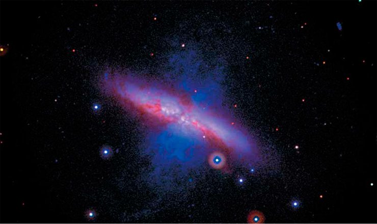 Galaxy M82 before the burst of supernova 2014J. The picture is a collage of data obtained in 2007—2013. The image at ultraviolet wavelengths is shown in blue and green for medium subrange and near subrange, respectively; the red color represents visible wavelengths. The size of the object is a little larger than half the diameter of the full Moon. Credit: NASA/Swift/P. Brown, TAMU