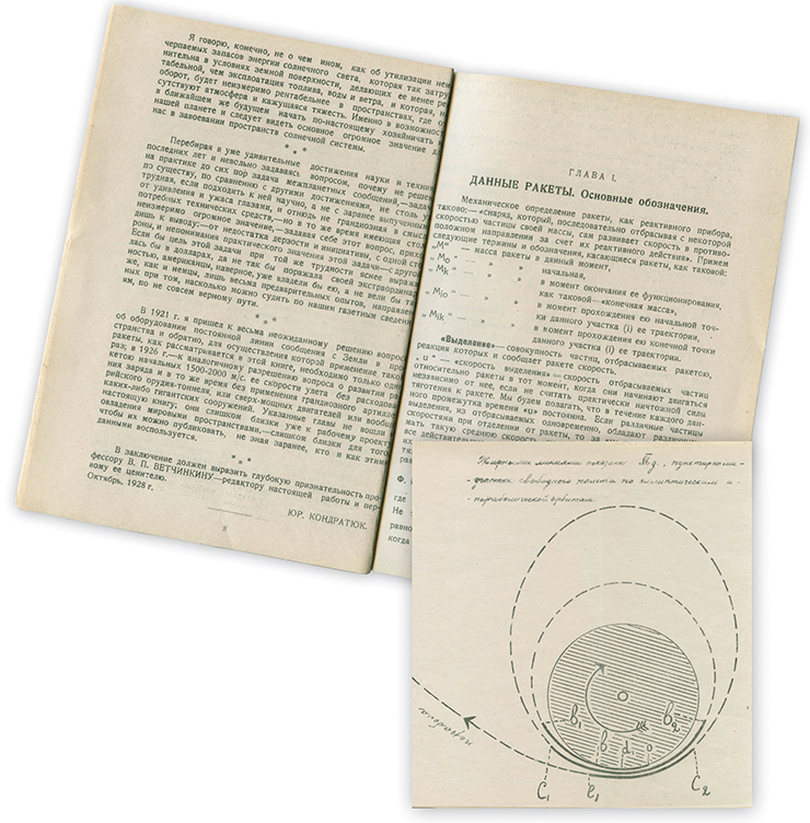 The Conquest of Interplanetary Space was the only lifetime edition of Yu. V. Kondratyuk. It was printed in 1929 at the author’s expense at the publishing house of Sibkraisouyz (Novosibirsk). On the photo: a page from the reprint book publication made in 1996