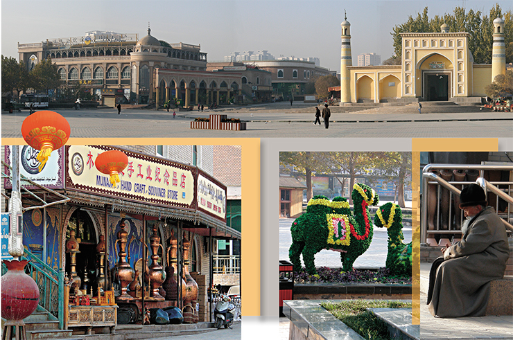 Buildings in the central square of Kashgar bear features typical for medieval architecture of Middle Asian cities of the former Soviet Union. Scenes from the 1001 Nights come to mind when you see huge bronze vessels and or a gray-bearded elder basking in the warm sun. Green camel-shaped flower beds hint at the Great Silk Road, which used to pass through the city