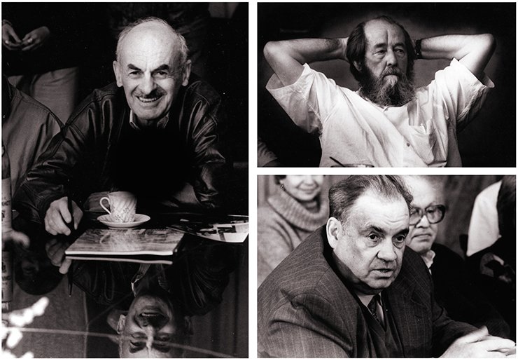 At the famous round table of the Institute of Nuclear Physics—the writer and poet Bulat Okudzhava. September 6, 1993 (left). The writer Alexander Solzhenitsyn at the Institute of Nuclear Physics. June 28, 1994 (upper right). The famous film director Eldar Ryazanov at the Institute of Nuclear Physics. December 12, 1994. SB RAS Photo Archive