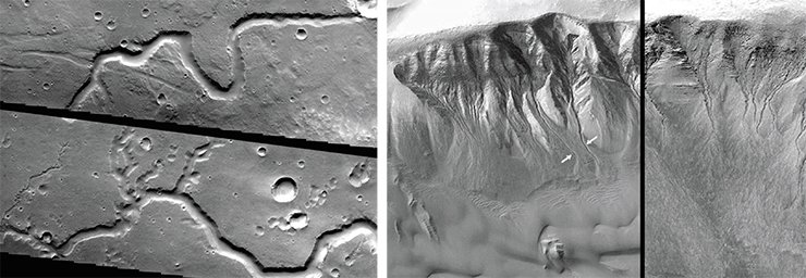 Слева: высохшие русла марсианских рек (NASA). Справа: марсианские овраги (Credit: Malin Space Science Systems, MGS, JPL, NASA)