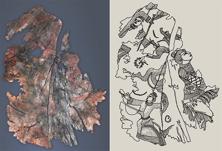 Left: Embroidery on silk. A fragment of outwear. On right: A detailed drawing of images embroidered in a fragment of silk from outwear. Noin Ula burial mound 20