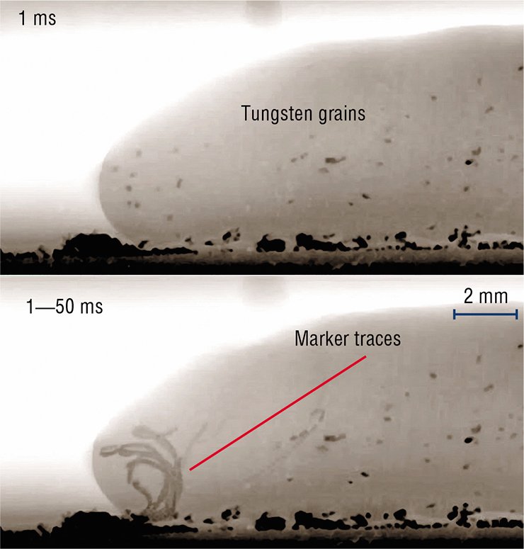 For dynamic imaging (1,000 frames per second) of flows in a steel melt, researchers used tungsten grains as markers during electrode welding. A superposition of the X-ray patterns of the weld, which were obtained within 50 ms, reveals the pattern of eddy currents in the metal and shows that some of the drops have not had time to harden. Courtesy of Diamond Light Source LTD